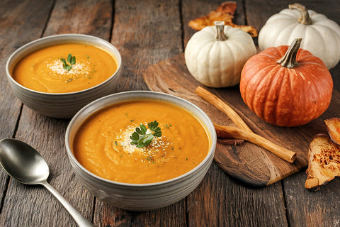 човек, който поставя на масата супа крем от тиква